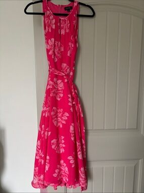 Tahari ASL Hot Pink Floral Maxi Dress with Tie Waist